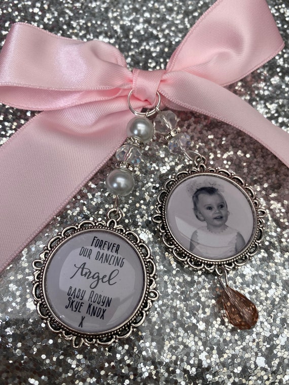 Loving Memory Photo Charm/Brooch/Personalised With Any Name/Wedding/Bride/Memorial Keepsake/Still Born/Baby/Child/Missing You/Miscarriage/