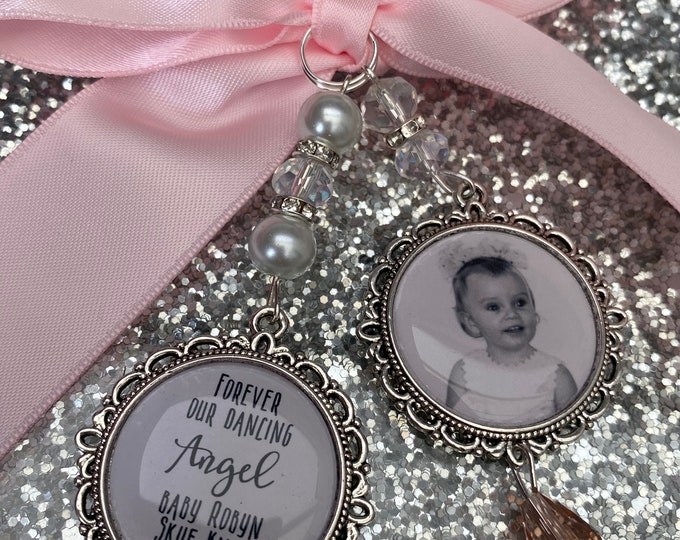 Loving Memory Photo Charm/Brooch/Personalised With Any Name/Wedding/Bride/Memorial Keepsake/Still Born/Baby/Child/Missing You/Miscarriage/