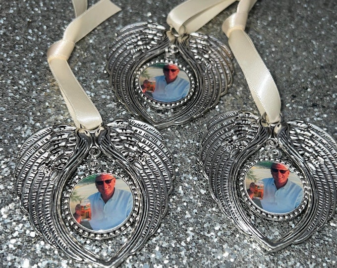 Custom personalised photo bauble memory Memorial Christmas Tree xmas  Ornament bauble decoration. Silver Angel Wings Heaven holidays