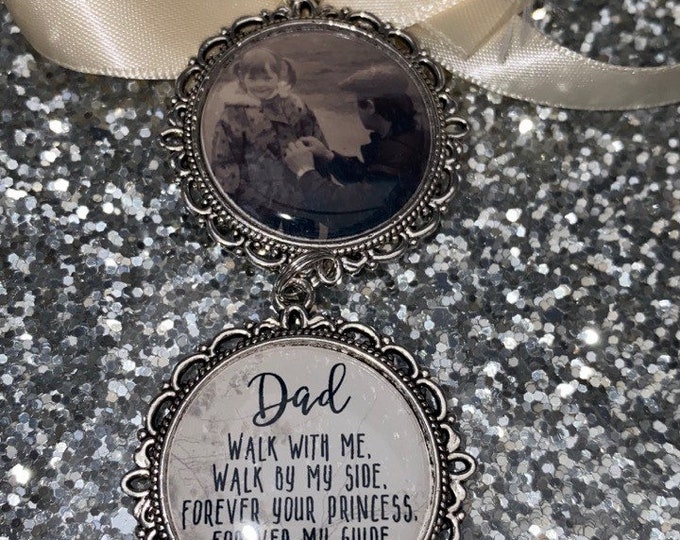 on this special day know that i am here walking you down the aisle,  bouquet memory memorial charm photo & poem with Swarovski crystal beads