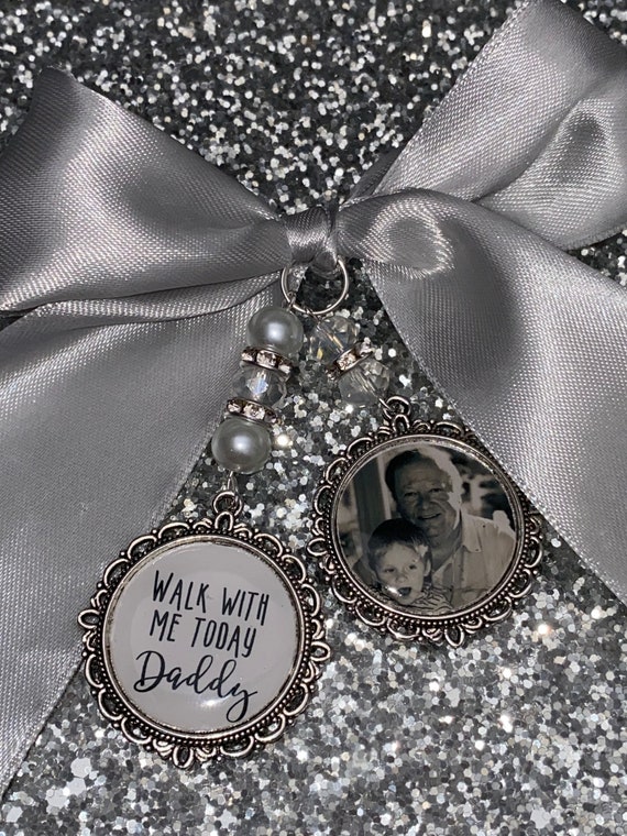 Memory memorial heaven charm bridal bouquet, walk with me today dad mum poem & photo pearl beads something blue.Swarovski.bride.wedding