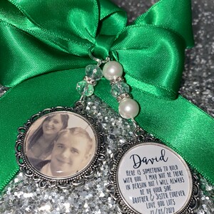 Memory memorial heaven charm bridal bouquet, walk with me today dad mum poem & photo pearl beads something blue. military army.bride.wedding