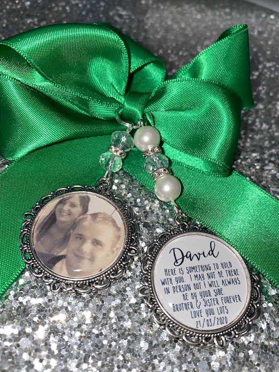 Memory memorial heaven charm bridal bouquet, walk with me today dad mum poem & photo pearl beads something blue. military army.bride.wedding