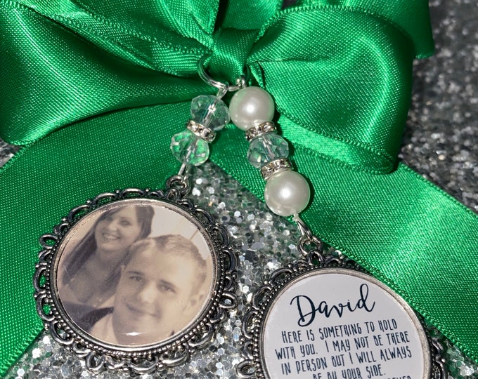 Memory memorial heaven charm bridal bouquet, walk with me today dad mum poem & photo pearl beads something blue. military army.bride.wedding