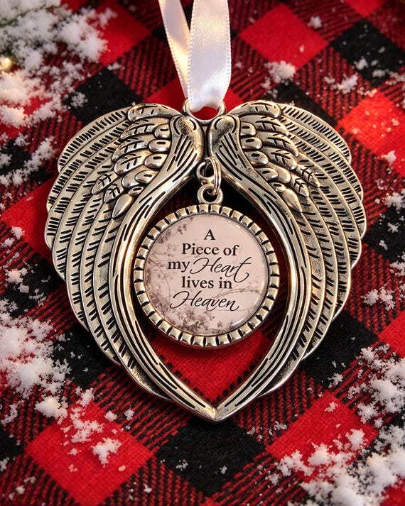 Christmas Tree Memorial Ornament, Silver Angel Wings, In Loving Memory, A Piece Of My Heart Lives In Heaven, Xmas Hanging Decoration