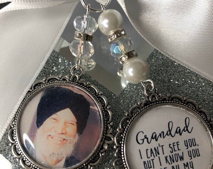 Memory wedding photo charm memorial heaven  bridal bouquet, walk with me today grandad nan poem & photo pearl beads something blue. military