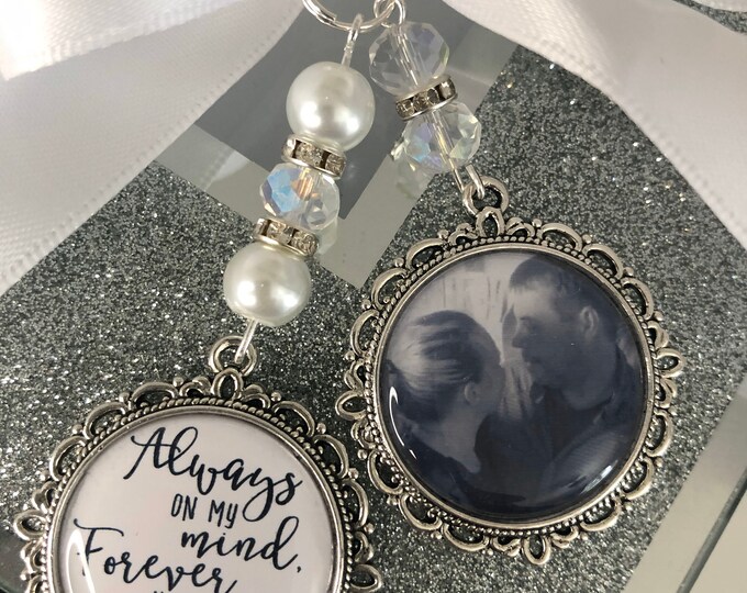 Always on my mind forever in my heart, bouquet memory memorial charm photo & poem with Swarovski crystal beads and ribbon bow