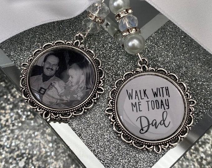 Memory memorial heaven charm bridal bouquet, walk with me today dad mum poem & photo pearl beads something blue.Swarovski.bride.wedding