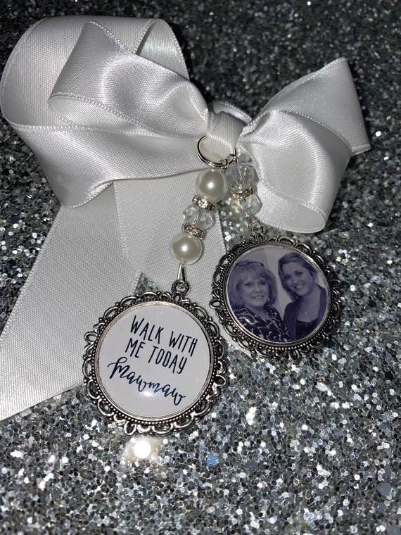 Memory memorial heaven charm bridal bouquet, walk with me today dad mum mom papa poem & photo pearl beads something blue.Swarovski.bride.