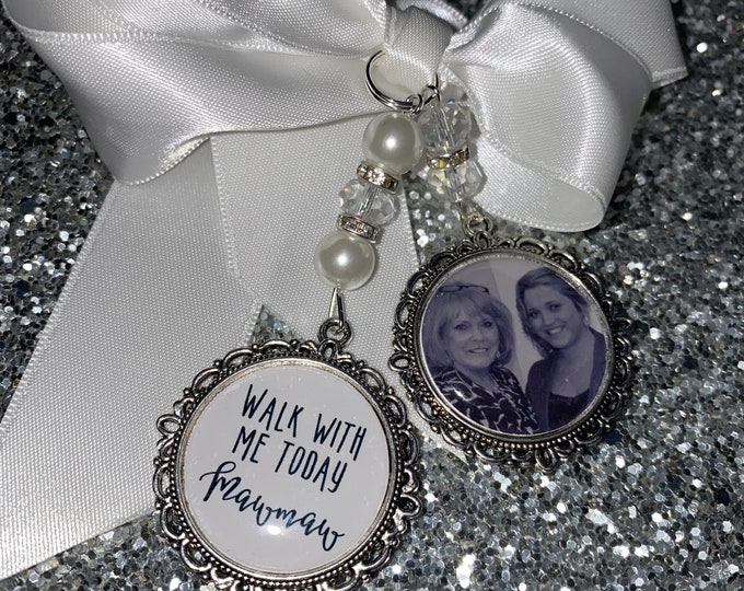 Memory memorial heaven charm bridal bouquet, walk with me today dad mum mom papa poem & photo pearl beads something blue.Swarovski.bride.