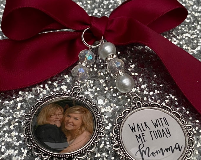 Memory memorial heaven charm bridal bouquet, walk with me today papa mom pops poem & photo pearl beads something blue bride.wedding