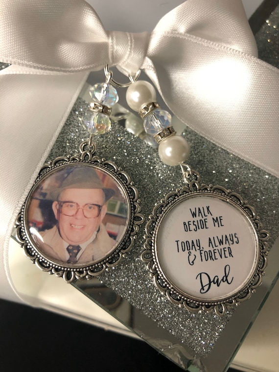 Memory memorial heaven charm bridal bouquet, walk with me today dad mum poem & photo pearl beads something blue. military army.bride.wedding