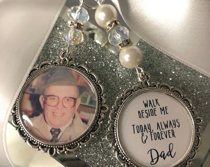 Memory memorial heaven charm bridal bouquet, walk with me today dad mum poem & photo pearl beads something blue. military army.bride.wedding
