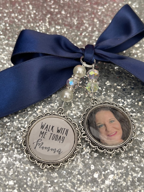Memory memorial heaven charm bridal bouquet, walk with me today dad mum poem & photo pearl beads something blue.Swarovski.bride.wedding