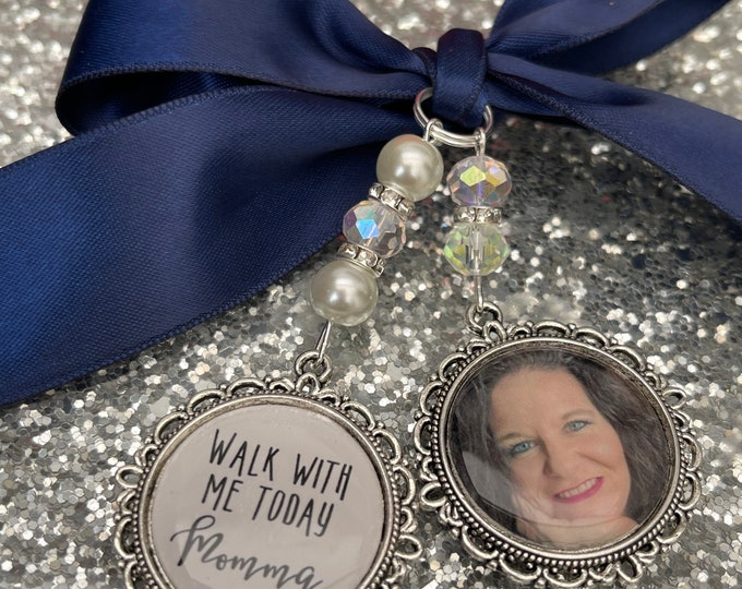 Memory memorial heaven charm bridal bouquet, walk with me today dad mum poem & photo pearl beads something blue.Swarovski.bride.wedding