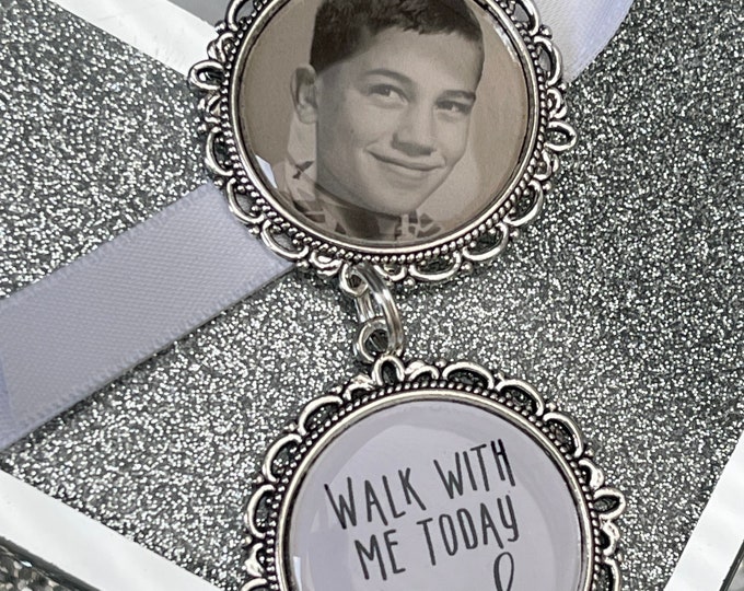 Memory memorial heaven charm bridal bouquet, walk with me today dad mum poem & photo pearl beads something blue.Swarovski.bride.wedding