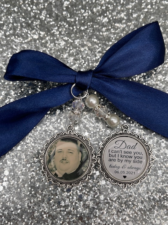 Memory memorial heaven charm bridal bouquet, walk with me today dad mum poem & photo pearl beads something blue. military army.bride.wedding