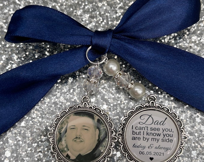 Memory memorial heaven charm bridal bouquet, walk with me today dad mum poem & photo pearl beads something blue. military army.bride.wedding