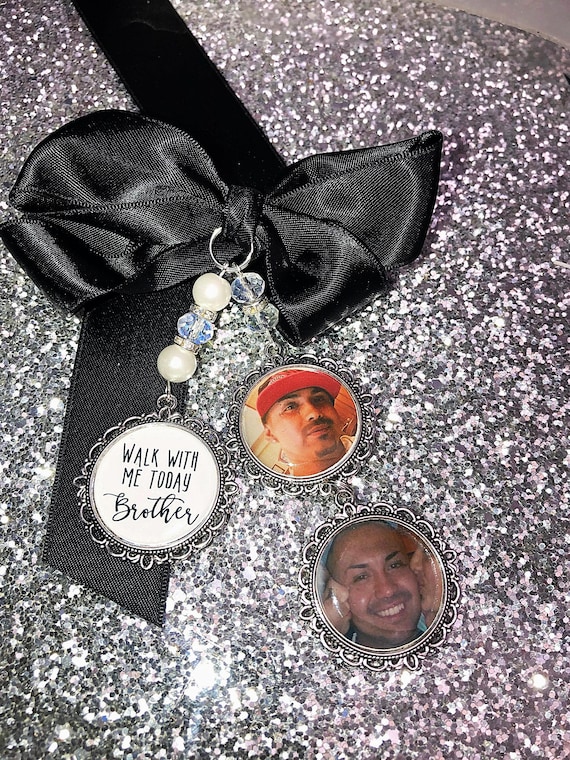 Memory memorial heaven charm bridal bouquet, walk with me today papa mom brother poem & photo pearl beads something blue bride.wedding