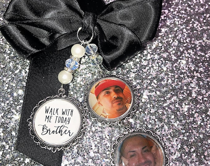 Memory memorial heaven charm bridal bouquet, walk with me today papa mom brother poem & photo pearl beads something blue bride.wedding