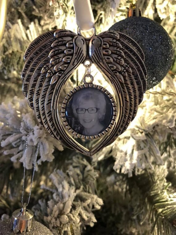 Christmas Memorial Ornament, Personalised Photo Ornament, Silver Angel Wings Bauble, Xmas Tree Decoration