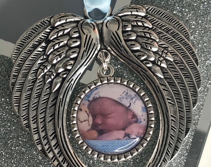 Custom personalised photo bauble memory Memorial Christmas Tree xmas  Ornament bauble decoration. Silver Angel Wings Heaven holidays