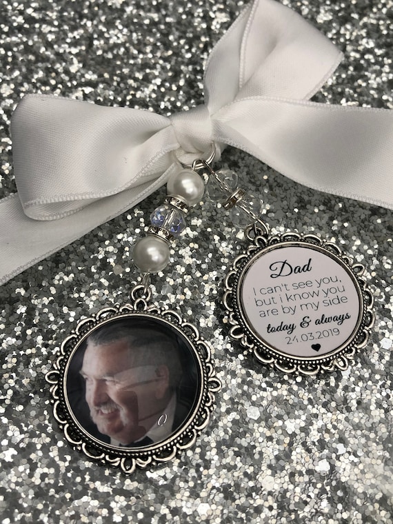 Memory memorial heaven charm bridal bouquet, walk with me today dad mum poem & photo pearl beads something blue. military army.bride.wedding