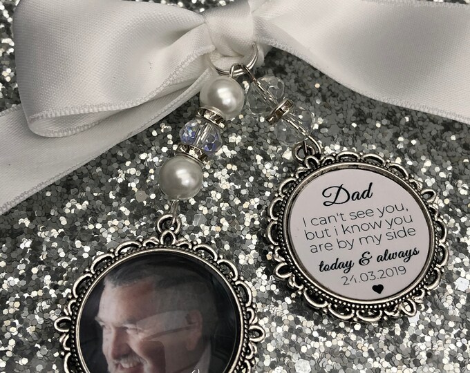 Memory memorial heaven charm bridal bouquet, walk with me today dad mum poem & photo pearl beads something blue. military army.bride.wedding