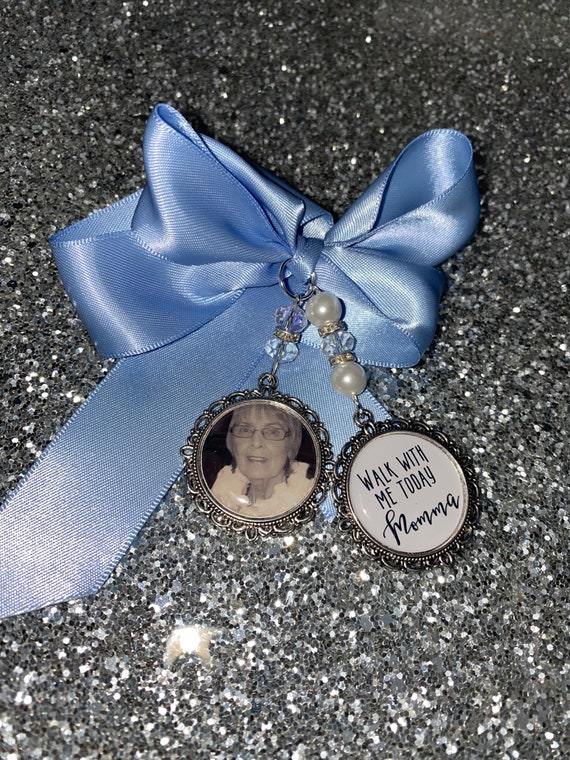 Memory memorial heaven charm bridal bouquet, walk with me today dad mum mom papa poem & photo pearl beads something blue.Swarovski.bride.