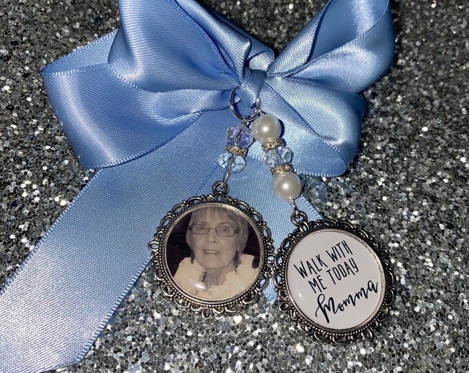 Memory memorial heaven charm bridal bouquet, walk with me today dad mum mom papa poem & photo pearl beads something blue.Swarovski.bride.