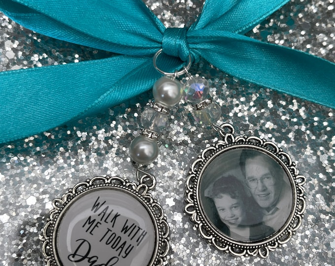 Walk with me today dad loving memory charm locket brooch.Personalised with any photo.Ideal for wedding,bride.memorial keepsake,Swarovski,