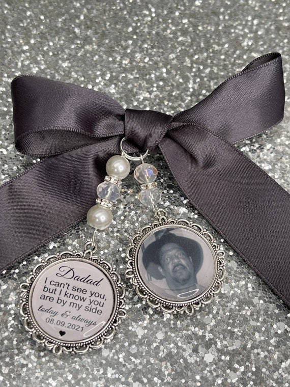 Memory memorial heaven charm bridal bouquet, walk with me today dad mum poem & photo pearl beads something blue. military army.bride.wedding