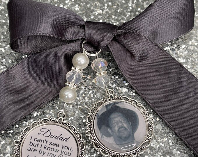 Memory memorial heaven charm bridal bouquet, walk with me today dad mum poem & photo pearl beads something blue. military army.bride.wedding