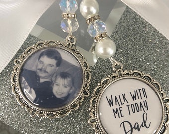 Memory memorial heaven charm bridal bouquet, walk with me today dad mum poem & photo pearl beads something blue. military army.bride.wedding