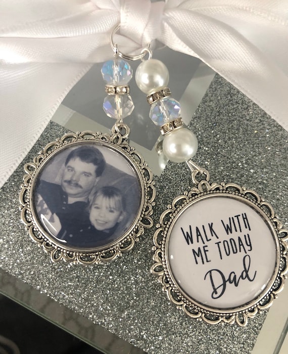 Memory memorial heaven charm bridal bouquet, walk with me today dad mum poem & photo pearl beads something blue. military army.bride.wedding