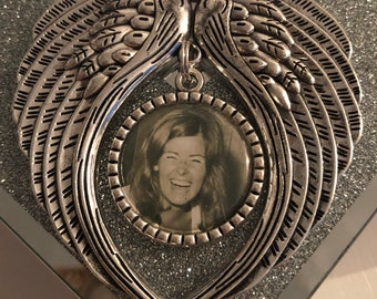 Silver Angel Wings Car Mirror or Home Custom Photo Ornament/Personalised/Grave/Decoration/Memory/Memorial/Bauble/Heaven/Loved One/Mourning