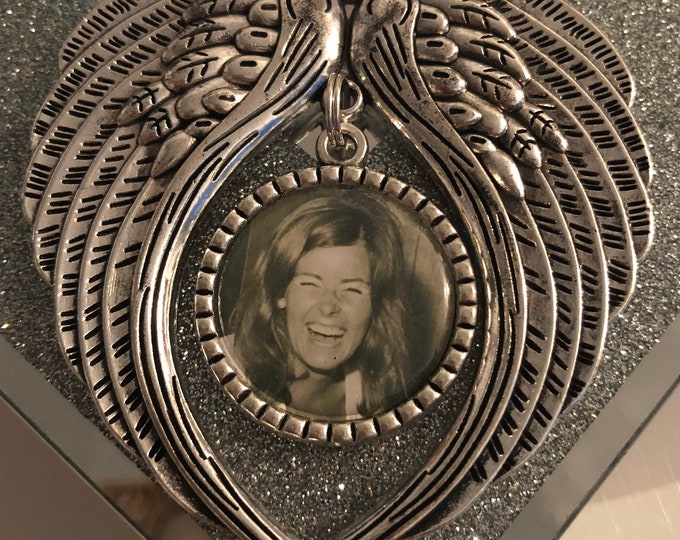 Silver Angel Wings Car Mirror or Home Custom Photo Ornament/Personalised/Grave/Decoration/Memory/Memorial/Bauble/Heaven/Loved One/Mourning
