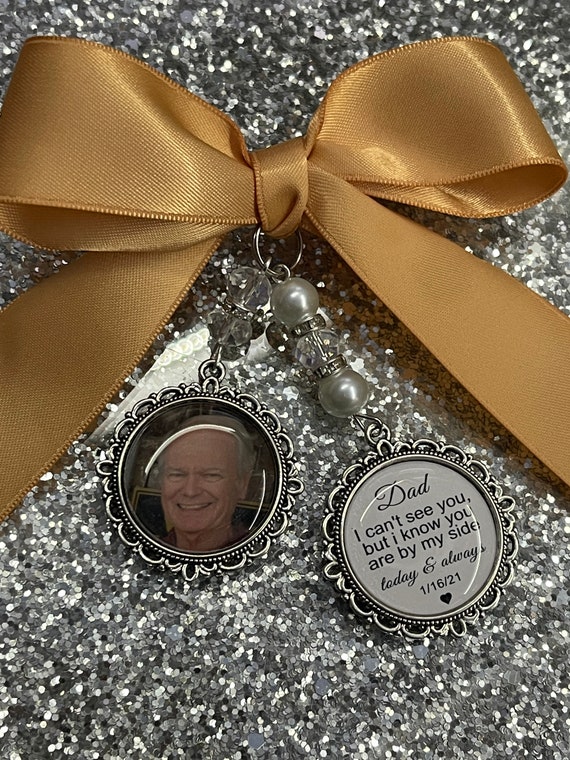 Memory memorial heaven charm bridal bouquet, walk with me today dad mum poem & photo pearl beads something blue. military army.bride.wedding