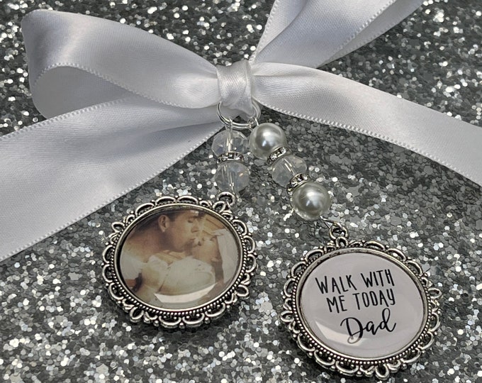 Memory memorial heaven charm bridal bouquet, walk with me today dad mum poem & photo pearl beads something blue.Swarovski.bride.wedding
