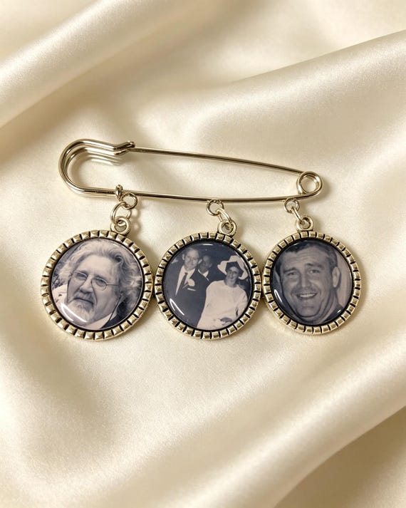 wedding Memorial Memory triple photo charm groom kilt pin bouquet charm personalised wedding boutonnière kilt pin lapel boutonniere. bride
