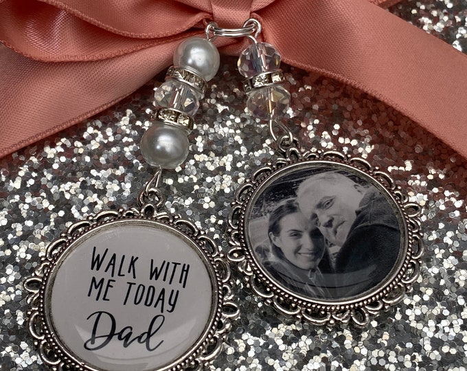 Memory memorial heaven charm bridal bouquet, walk with me today dad mum poem & photo pearl beads something blue.Swarovski.bride.wedding