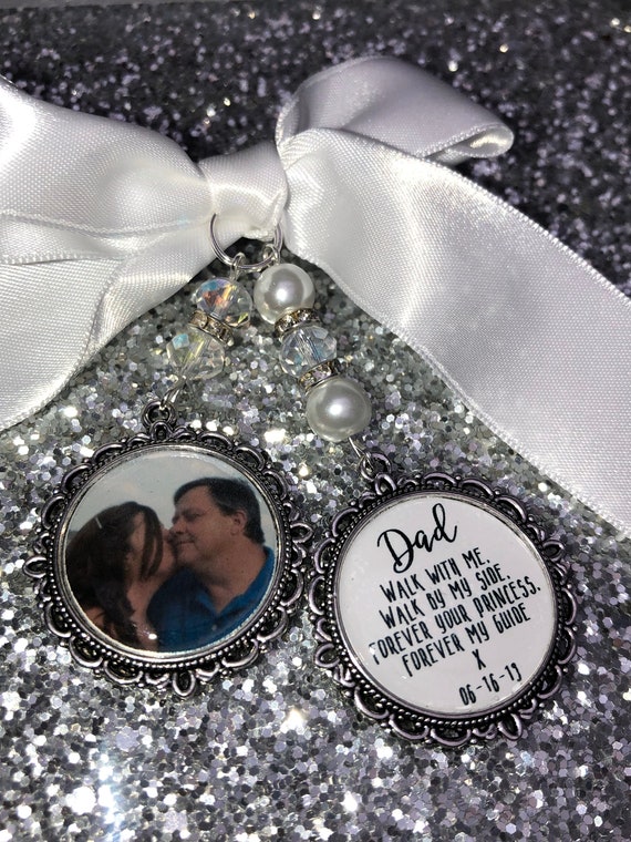 Memory memorial heaven charm bridal bouquet, walk with me today dad mum poem & photo pearl beads something blue. military army.bride.wedding