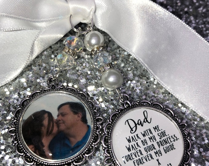 Memory memorial heaven charm bridal bouquet, walk with me today dad mum poem & photo pearl beads something blue. military army.bride.wedding