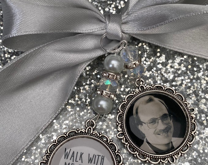 Memory memorial heaven charm bridal bouquet, walk with me today dad mum poem & photo pearl beads something blue.Swarovski.bride.wedding