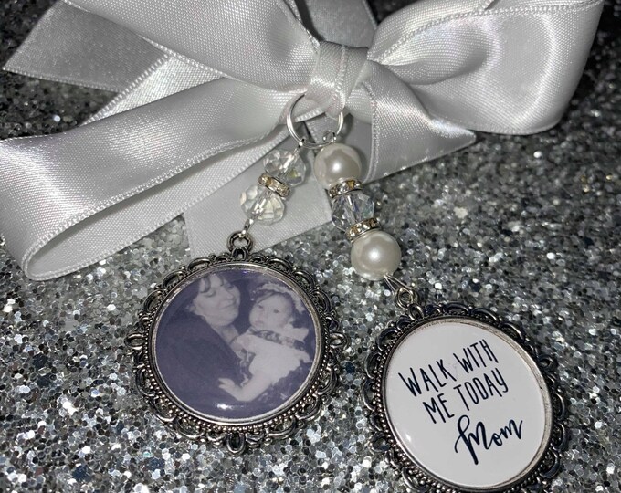 Memory memorial heaven charm bridal bouquet, walk with me today dad mum mom poem & photo pearl beads something blue.Swarovski.bride.wedding
