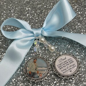 Memory memorial heaven charm bridal bouquet, walk with me today dad mum poem & photo pearl beads something blue. military army.bride.wedding