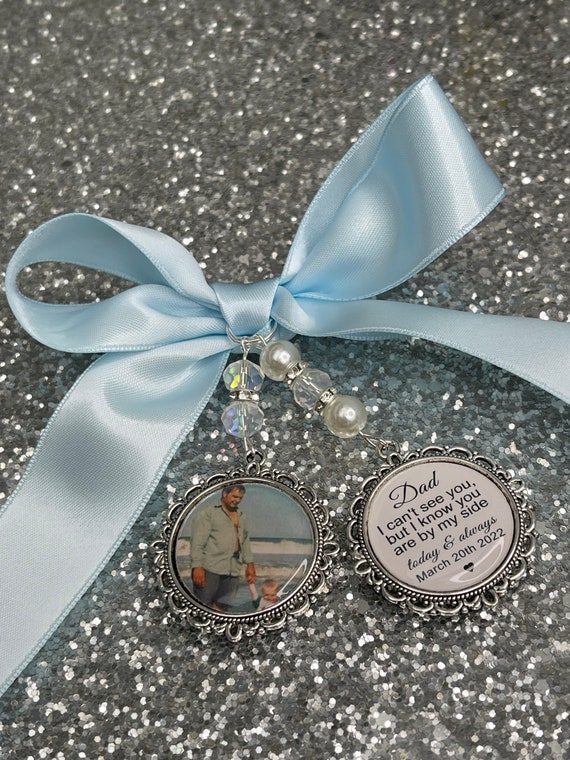 Memory memorial heaven charm bridal bouquet, walk with me today dad mum poem & photo pearl beads something blue. military army.bride.wedding