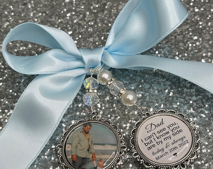 Memory memorial heaven charm bridal bouquet, walk with me today dad mum poem & photo pearl beads something blue. military army.bride.wedding