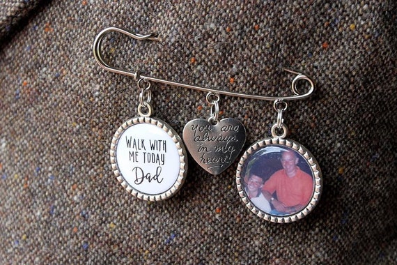 Memory remembrance photo charm kilt pin bouquet charm,wedding groom best man usher,personalized personalised any photo walk with me today