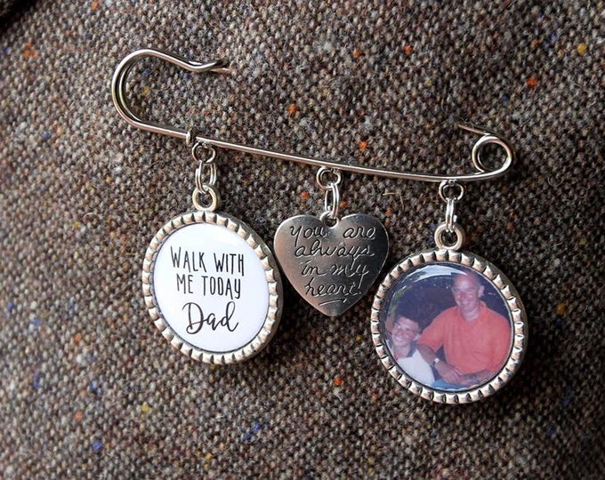 Memory remembrance photo charm kilt pin bouquet charm,wedding groom best man usher,personalized personalised any photo walk with me today
